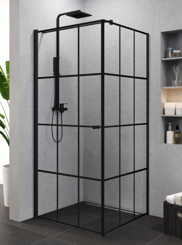 New Trendy Kabina Superia Black 1D Kwadratowa L 90X90X195 Czyste 6mm Active Shield Wzór Kratka K-0598